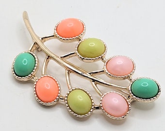 Vintage Sarah Coventry Colorful Brooch Spring Pastel Candyland Fruit Salad Lapel Pin Cabochon Mother&#39;s Day Multicolor Pink Green Coral