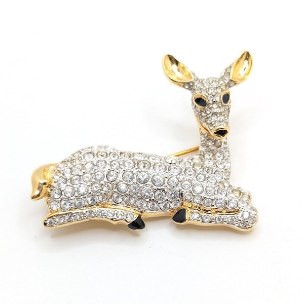 Vintage Rare Swarovski Crystal Pave Deer Animal Brooch Lapel Pin Retired Gift For Him Her Christmas Holiday Signed Wedding Present Bling