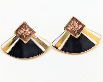 Vintage Water Lily Laurel Burch Pink Black Gold Art Deco Stud Earrings Pierced Ear Ears Geometric Present Gift For Her