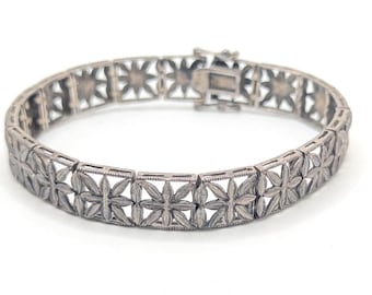 Vintage Sterling Link Silver Panel Flower Bracelet 925 Signed Box Clasp Star Starburst Statement Jewelry Ornate Valentines Day Gift Present
