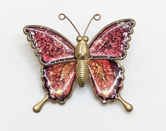 Vintage Butterfly Brooch Lapel Pin Sparkle Resin Brass Gold Insect Lover Pink Orange Multicolor Colorful Gift For Her