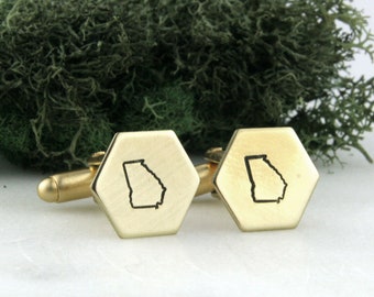 Georgia State Hexagon Cufflinks | Brass Cufflinks | Gold Cufflinks | Groom Gift | Groomsman Gift | Wedding Accessories