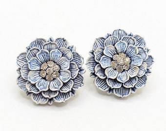 Vintage Lucite Blue Flower Rhinestone Clip On Earrings Large Chunky Present Gift For Her Wedding Something Garden Floral Daisy Rose