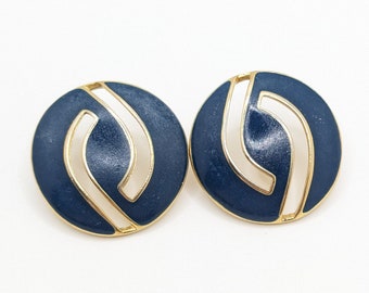 Vintage Trifari Royal Deep Dark Blue Gold Stud Earrings Openwork Geometric 1980s 80s Signed Costume Jewelry Gift For Her Large Chunky