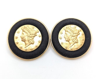 Vintage Coin Liberty Gold Black Round Earrings Large Stud Studs USA Lady Liberty Republican Democrat Fabric Pierced Ear Ears Gift For Her