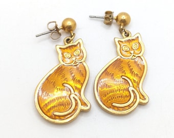 Vintage Orange Tabby Fat Kitty Cat Kitten Dangle Drop Earrings Animal Lover Gift For Her Woman Mama Mothers Day Present Enamel Fun Gold Tone