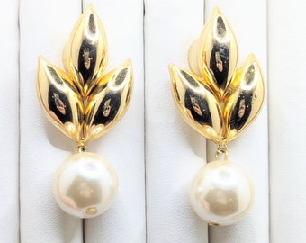 Vintage Large Flower Faux Pearl Dangle Stud Drop Earrings Floral Leaf Statement Jewelry Costume jewelry Classy Bridal Bridesmaid Gift