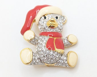 Vintage Swarovski Teddybär Weihnachtsbrosche Anstecknadel Pave Weihnachtsmann im Ruhestand Geschenk für Sie Geschenk Ihn Rot vergoldete Hutgeschenke