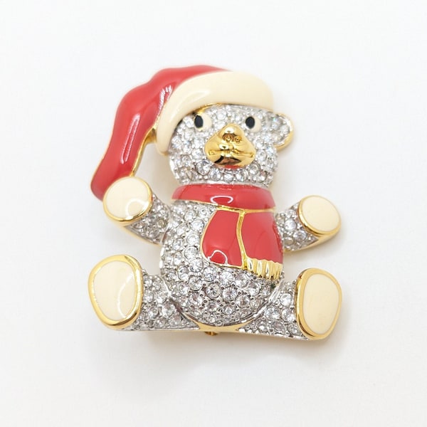 Vintage Swarovski Teddy Bear Christmas Brooch Lapel Pin Pave Holiday Santa Retired Gift For Her Present Him Red Gold Plated Hat Gifts