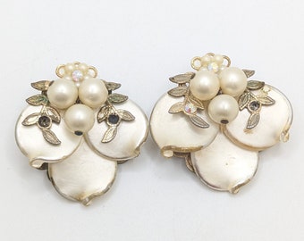 Vintage Glass Cluster Floral Rhinestone Faux Pearl Clip On Earrings Flower Cream Leaf Leaves Classy Statement Gift For Her Christmas Present