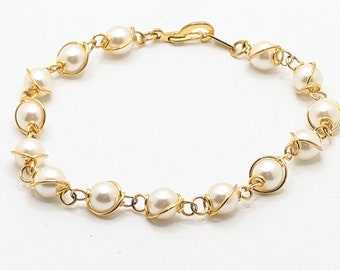 Vintage Hand Made Wire Faux Pearl Wrapped Bracelet Gold Tone 7 inches Gift For Her Simple Classy