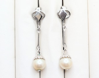 Vintage Silver Tone Art Deco Faux Pearl Dangle Drop Earrings Clip On Silver Tone Simple Minimal Signed Christmas Gift Holiday Party Jewelry