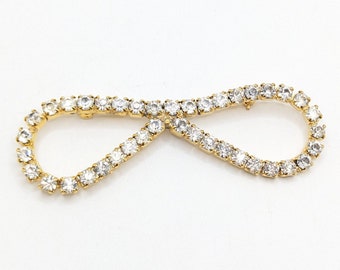 Vintage Rhinestone Bow Infinity Brooch Lapel Pin Large Costume Jewelry Statement Girly Genuine Present Wedding Forever Love Bridal