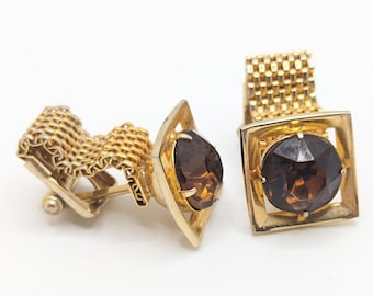 Vintage 1970s Rhinestone Gold Plated Cufflinks Cuff Links Mesh Brown Unique Groomsman Gift Gifts Present Groom Party Rare Weird