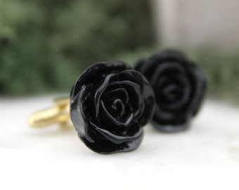 Boutons de manchette roses noires, fleur, cadeau de marié pour homme, cadeau de mariage pour garçons d'honneur, bouton de manchette floral, cadeau de Noël