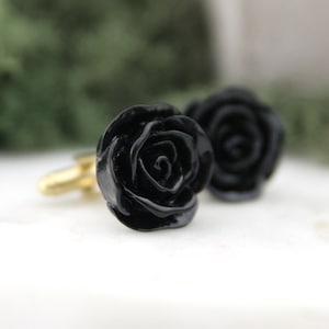 Black Rose Cufflinks Flower Grooms Gift Best Man Gift Groomsmen Wedding Attire Floral Cuff Link Christmas Present image 1