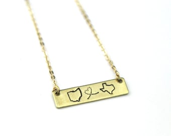 Personalized Long Distance Necklace: Custom State or Country Engraved Pendant, Gift for Relationship, Mom Best Fried Bestie Present Wedding