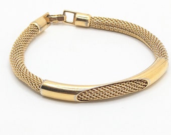 Vintage Avon Gold Tone Mesh Latch Bracelet Ellipsoid Glossy Brass Goldtone 1970s 70s Minimal Classic MCM Signed Snake Anniversary