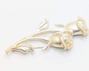Vintage Large Double Rose Silver Tone Brooch Lapel Pin Romantic Valentines Day Gift Present Feminine Lover Costume Jewelry