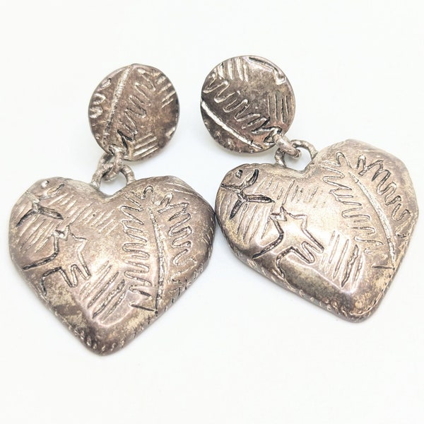 Vintage C Stein Silver Tone Dog Leaf Dangle Drop Stud Earrings Jewelry Abstract Aztec Bohemian 1980s Tribal Gift For Her Heart Present Large