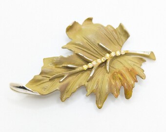 Vintage BSK Large Green Leaf Aurora Borealis Rhinestone Brooch Lapel Pin Autumn Fall Chunky Silver Tone Gift For Her Present