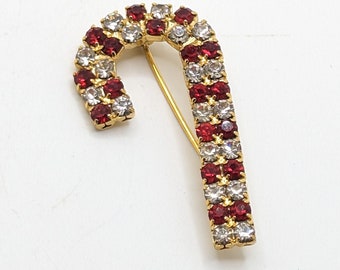 Vintage Candy Cane Christmas Brooch Rhinestone Red Sweater Lapel Pin Clear Gold Tone Holiday Jewelry Ugly Christmas Sweater