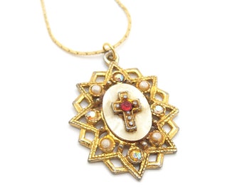 Vintage Mother of Pearl Oval Aurora Borealis Cross Religious Necklace Pendant Charm Rhinestone Long Gold Catholic Gift Dainty Layering