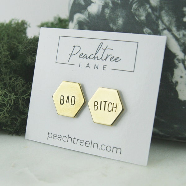 Bad Bitch Hexagon Earrings | Geometric Earrings | Stud Earrings | Bad Bitch Jewelry | Stamped Earrings | Gold Earrings