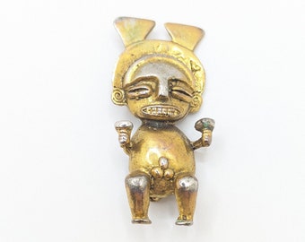 Vintage 1970s Museum Reproduction Mayan Aztec God Pin Brooch Lapel Free Shipping Gold Alva Studios Present Gift For Her Him Weird