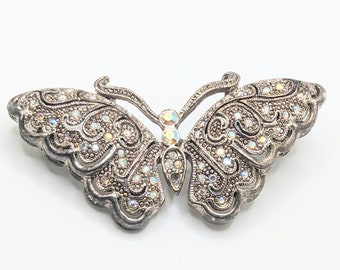 Vintage Large Butterfly Moth Aurora Borealis Brooch AB Rhinestone Ornate Insect Lover Silver Tone Accessory Statement Jewelry