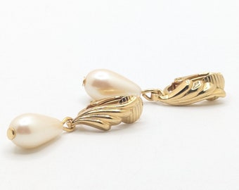 Vintage Art Deco Style Gold Tone Drop Dangle Faux Pearl Earrings Costume Jewelry Peacock Feather Bridal Jewelry Bridesmaid Gift Delicate