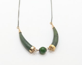 Vintage 60s/70s Jade Stone Necklace Nephrite Carved Boho Bohemian Mixed Metal Gold Tone Silver Tone Green Laying