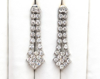 Vintage Long Dangle Drop Rhinestone Earrings Elegant Classy Classic Earring Stud Pierced Ears Flapper Style Lightweight Wedding Bridal Gift