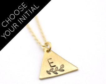 Brass Initial + Leaf Stamped Necklace | E Initial | Customized Necklace | Monogram Necklace | Bridesmaid Jewelry | Geometric Jewelry