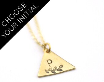 Brass Initial + Leaf Stamped Necklace | P Initial | Customized Necklace | Monogram Necklace | Bridesmaid Jewelry | Geometric Jewelry