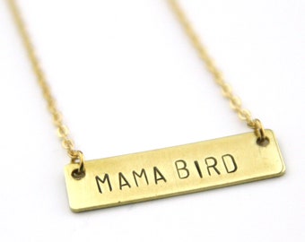 Mama Bird Brass Bar Necklace | Gift For Mom | Raising My Tribe | Mommy Bird | Mama Bear | New Mom Gift | Mom Present | Gold Necklace