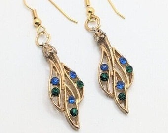 Vintage Gold Tone Leaf Multicolor Drop Earrings Rhinestone Green Blue Leaves Birthday Gift For Her Foliage Fall Autumn