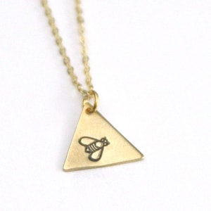 Brass Bee Stamped Necklace | Golden Honeybee Necklace | Handmade Bee Necklace | Bridesmaid Jewelry | Geometric Jewelry | Triangle Necklace