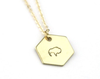 Buffalo Hexagon Stamped Necklace | Texas Southwestern Boho Necklace | Folk American | Geometric Necklace | Bison Jewelry | Animal Necklace