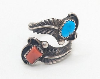 Vintage Handmade Navajo Ring Sterling Silver Coral Turquoise Signed RB 7.5 Size Southwest Wrap Aztec Southwestern Ornate Gift For Her Him