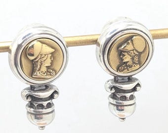 Vintage Brighton Athena Coin Drop Dangle Earrings Gold Silver Mixed Metal Signed Rare Egyptian Revival Statement Jewelry Gift Present