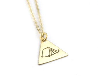 Brass Stamped Tent Necklace | Camping Jewelry | Woodland Necklace | Gold Necklace | Geometric | Pendant Necklace | Outdoor Lover Necklace