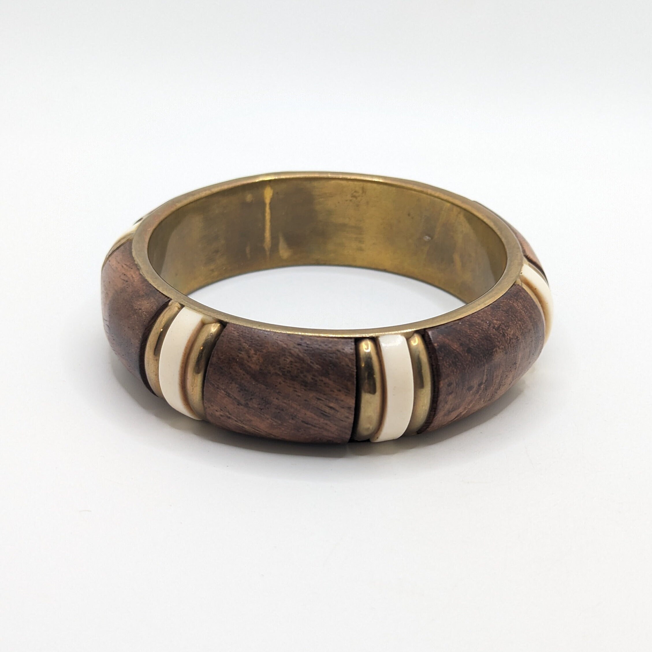Vintage Chunky Brass Metal Wood Resin White Inlay Bangle
