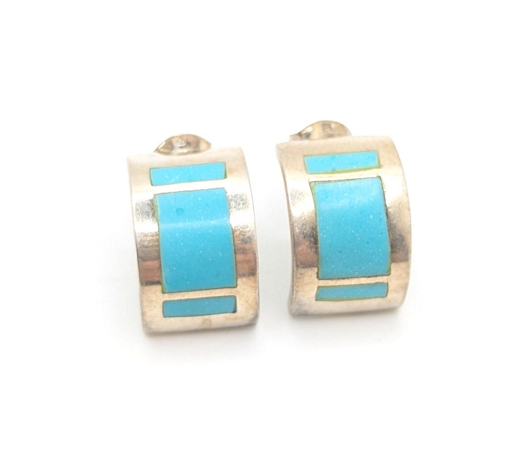 Earring, Hoop, Turquoise & Blackened Bubble Sterling Silver, Contemporary, 1765B