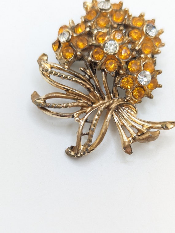 Vintage Amber Rhinestone Brooch Lapel Pin Floral … - image 3