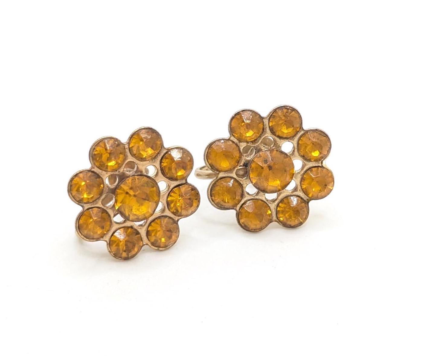 1960年代アメリカ、ビンテージ、ラインストーン、イアリング ma ヴィンテージ 1960 年代 アンバー ラインストーン クラスター