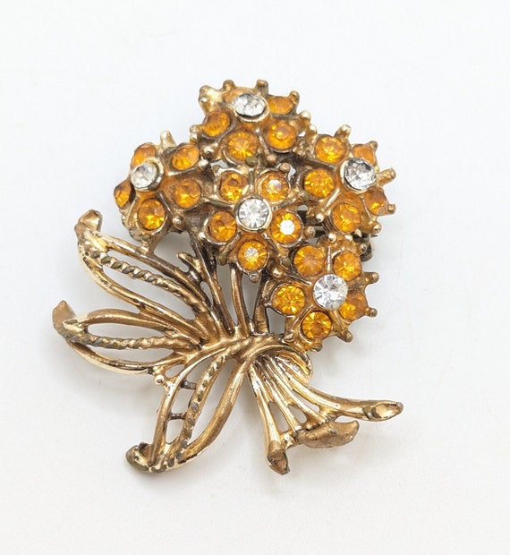 Vintage Amber Rhinestone Brooch Lapel Pin Floral … - image 1