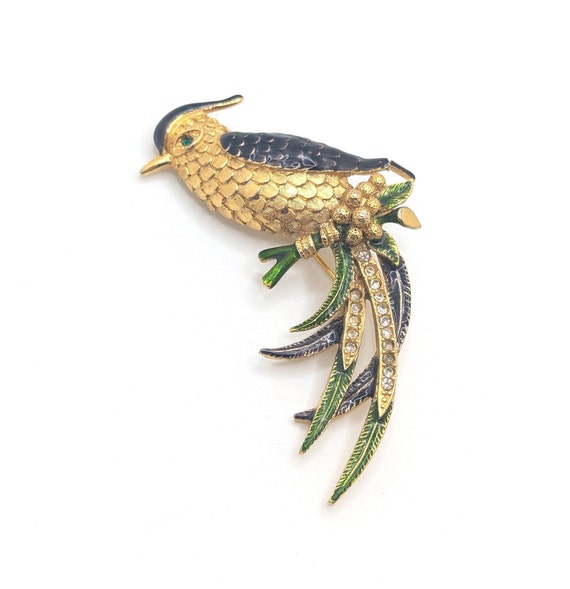 Superbe Broche Art Déco Oiseau De Paradis Plaqué Or, Nacre Et Grenat - Occasion