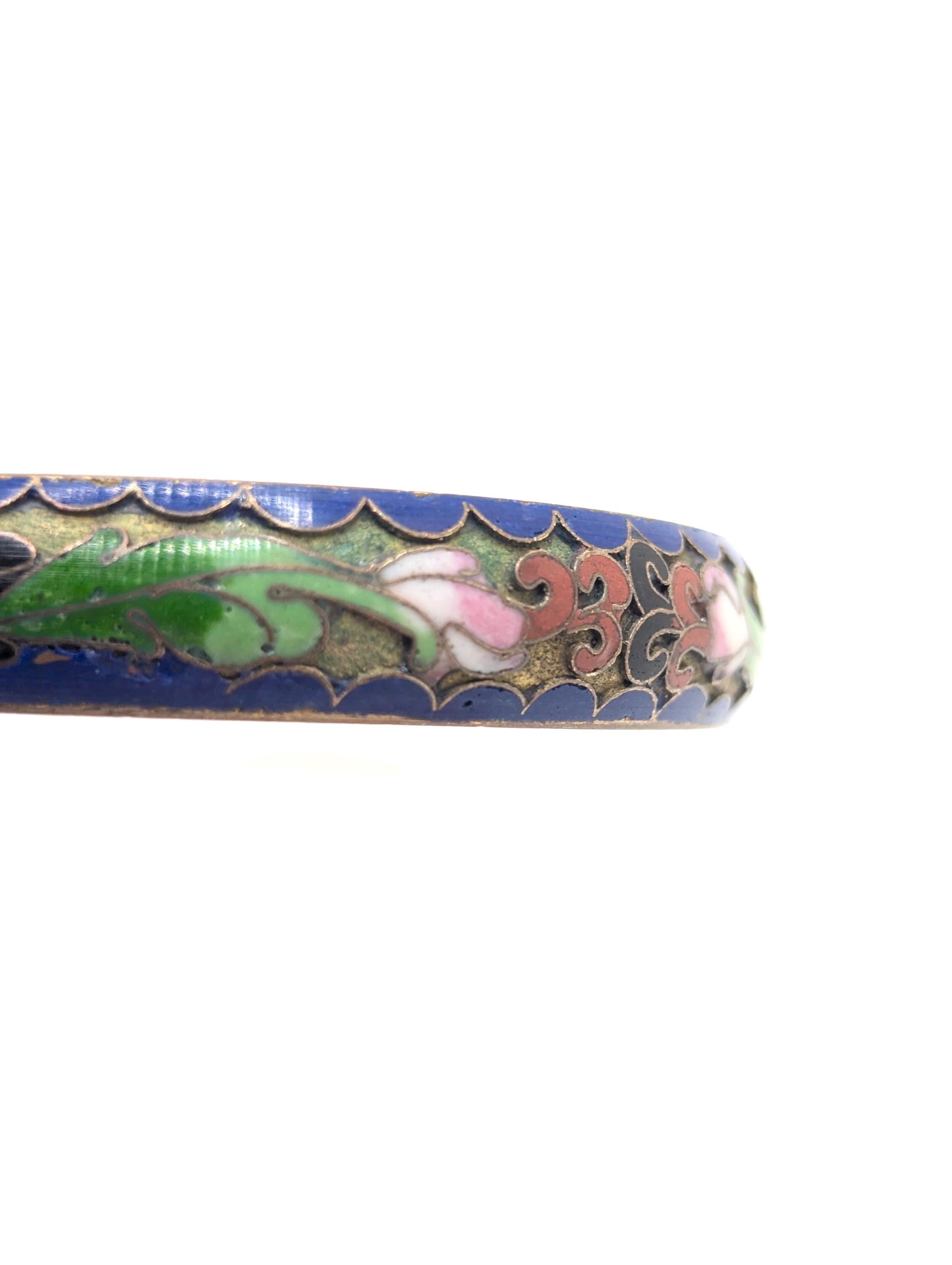 Vintage Cloisonne HEAVY Carved Flower Bangle Bracelet Rare