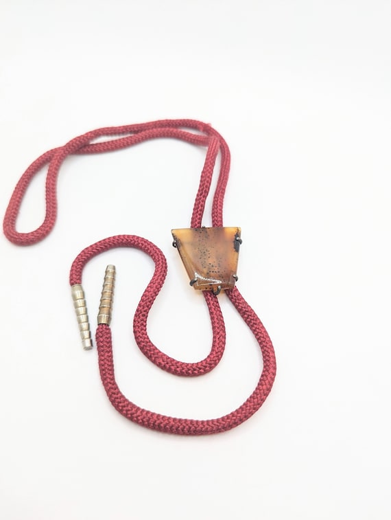 Vintage Agate Slice Bolo Tie Brown Stone Red Brass